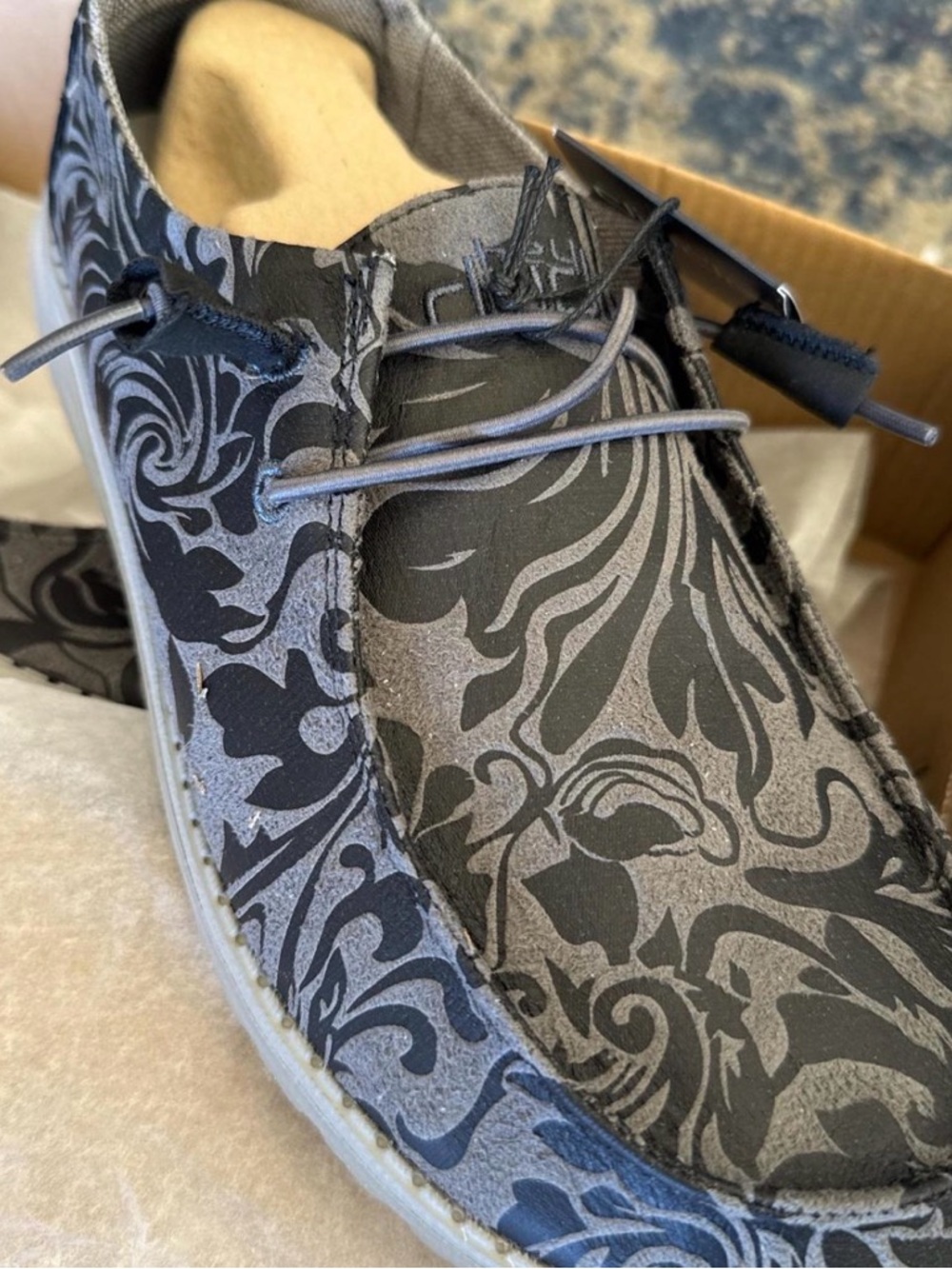 Hey Dude Black and Gray Floral-Pattern Slip-On Loafer